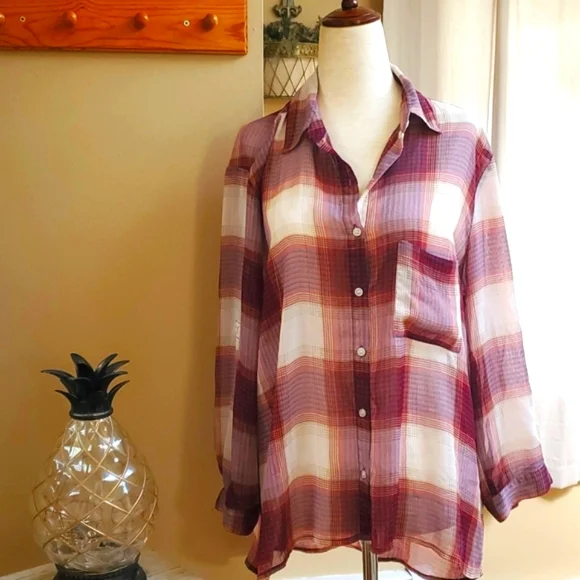 Band of Gypsies Plaid Button Down Shirt - Red and Cream - Picture 3 of 9
